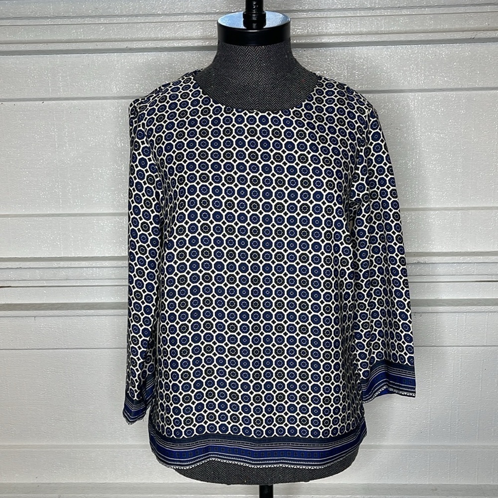 Kenar Blouse Size Small Blouse Blue Geometric Print Top 3/4 Sleeves